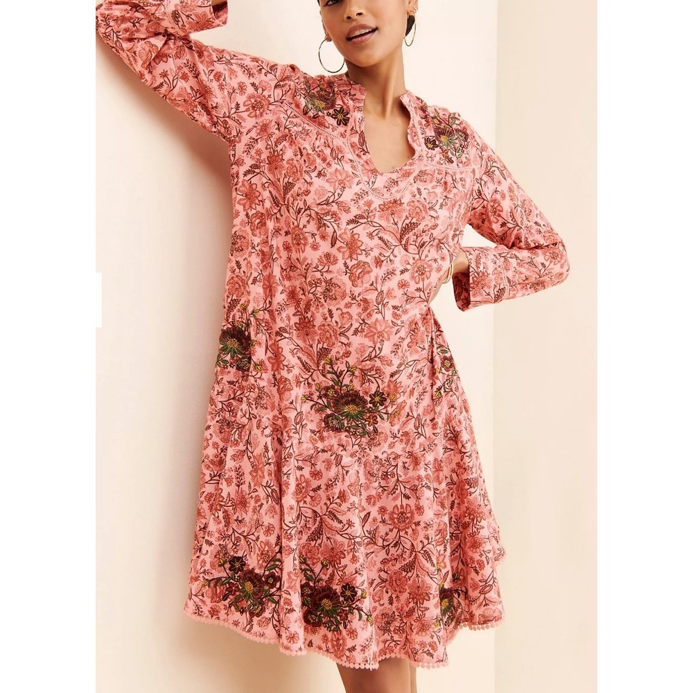 Anthropologie Ollari Rose Garden Embroidered Lace Knee Length Tunic Dress,Pink,L